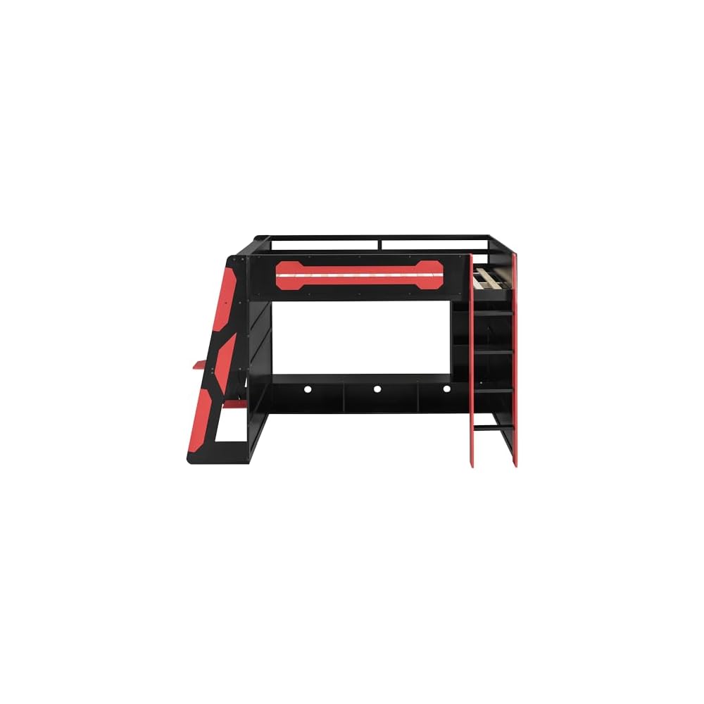 Bellemave Gaming Loft Bed with Desk and Lights, Full Loft Bed with Storage Shelves and Work Station, Wood Loft Bed Frame for Kids, Boys, Girls, Teens, No Spring Box Needed & Dedicated Style, Red