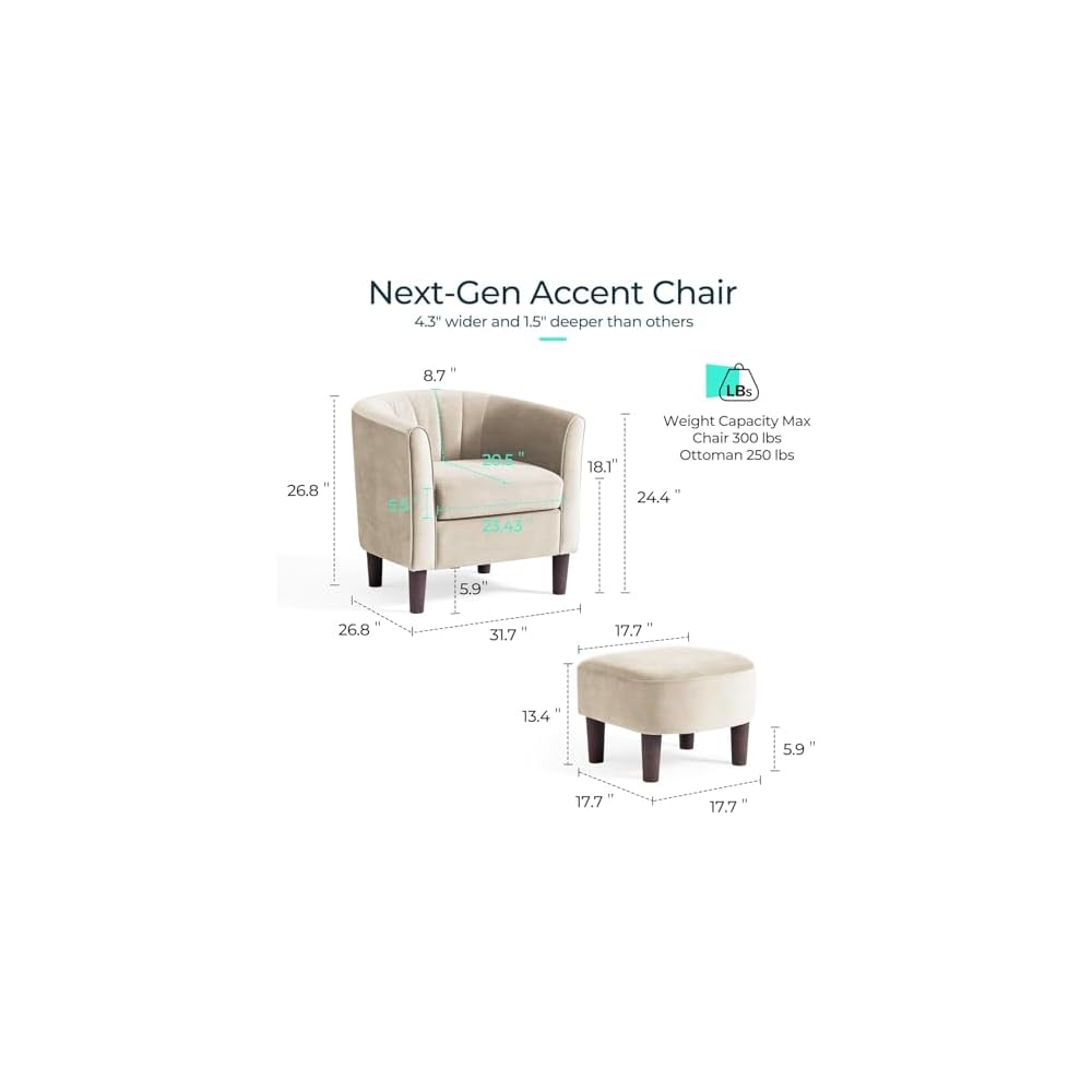 LINSY Accent Chair with Ottoman, Modern Armchair Comfy Barrel Reading Chair with Footrest for Living Room Bedroom Reading Room, Velvet, Cream