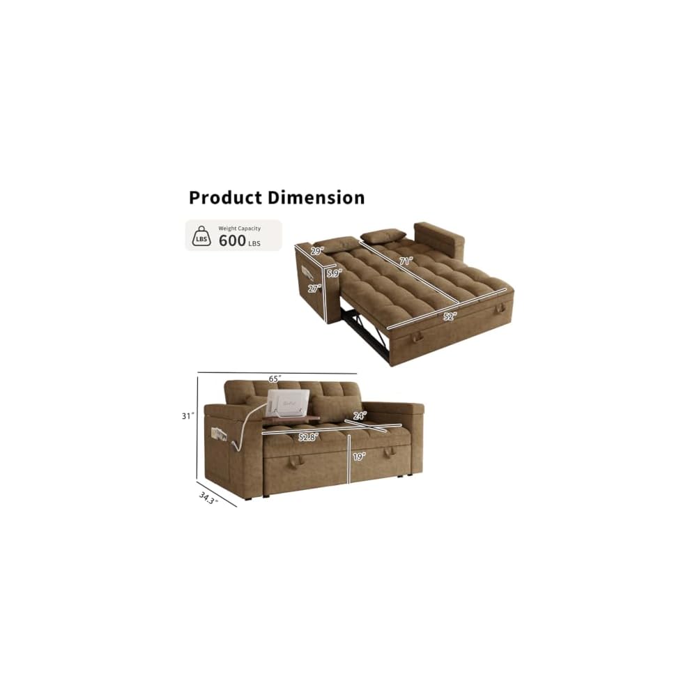 65" Compact 3 in 1 Convertible Sleeper Sofa Bed, Pull Out Couch with Side Table, USB & Type-C Charging Ports, Hidden Storage Armrests, Adjustable Backrest for Living Room/Apartment, Chenille, Khaki