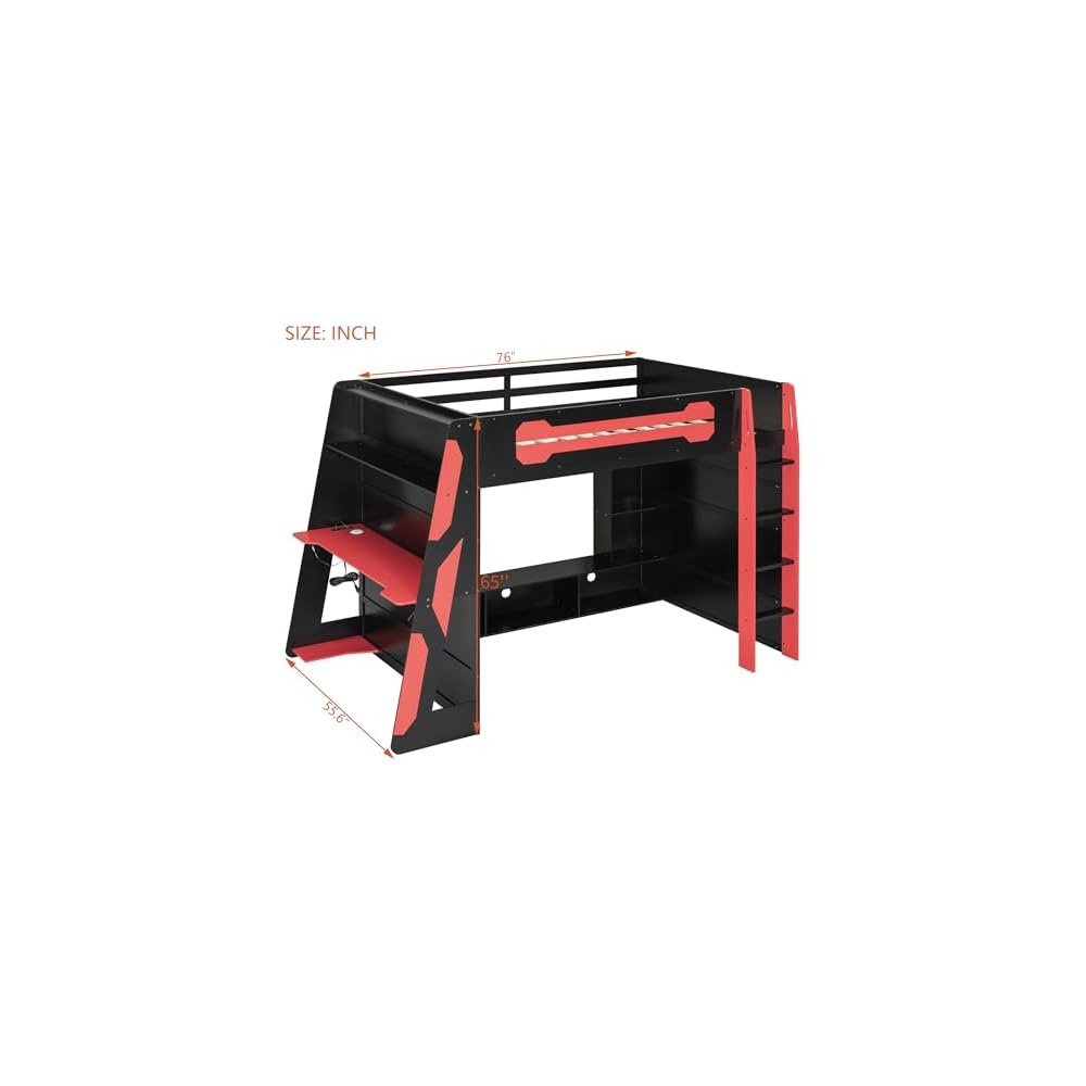 Bellemave Gaming Loft Bed with Desk and Lights, Full Loft Bed with Storage Shelves and Work Station, Wood Loft Bed Frame for Kids, Boys, Girls, Teens, No Spring Box Needed & Dedicated Style, Red