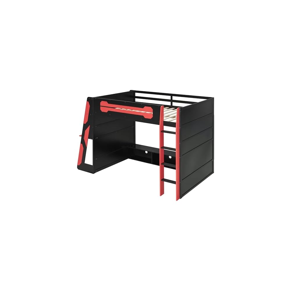 Bellemave Gaming Loft Bed with Desk and Lights, Full Loft Bed with Storage Shelves and Work Station, Wood Loft Bed Frame for Kids, Boys, Girls, Teens, No Spring Box Needed & Dedicated Style, Red