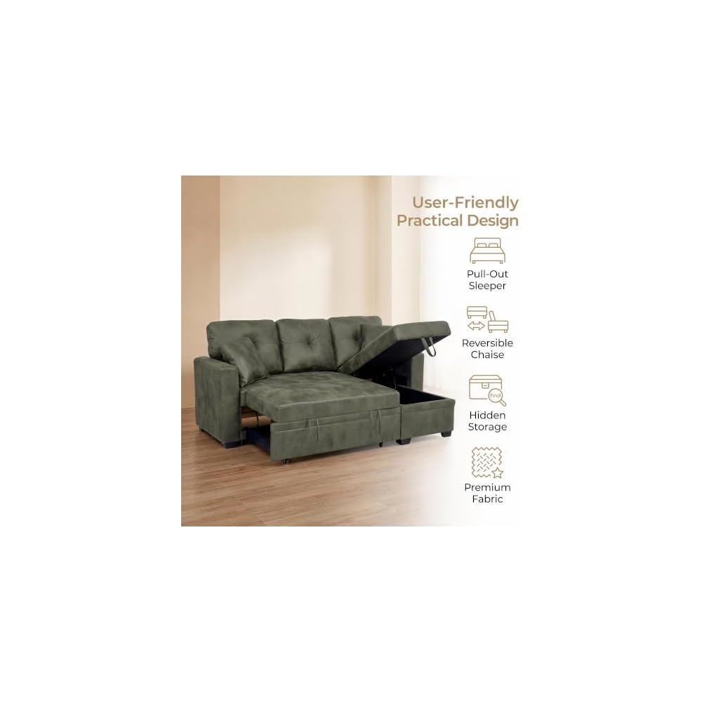 GLANC Faux Leather Sectional Sofa, L Shaped Reversible Storage Chaise Lounge Sectional Couch Bed with Storage Space for Corner Living Room Apartment Studio Home Office Modular Convertible Design