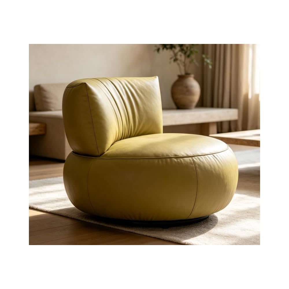 Olive Green Genuine Leather Swivel Accent Chair with Steel Base