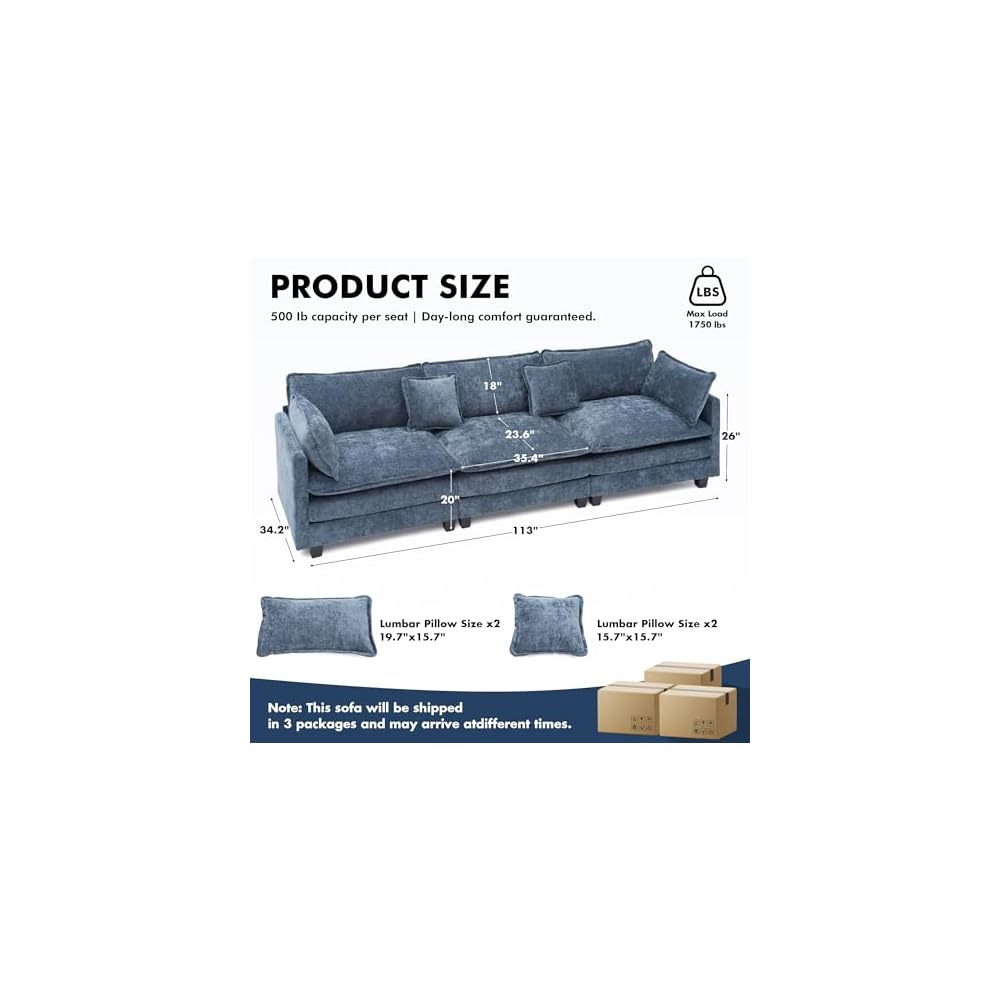 Sectional Couch, Comfy Cloud Modular Sectional Sofa, Deep Seat Modern Cloud Sofa, Modular Sofas for Living Room, Bedroom (Blue, 3-Seats)