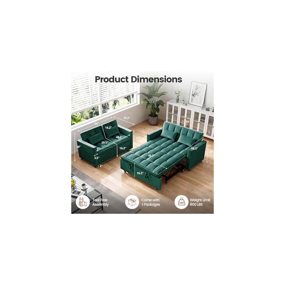 Convertible Sofa Bed, Pull Out Couch with Side Pockets, 3 in 1 Velvet Fabric Loveseat Sleeper Sofa Bed, Pull Out Couch with Adjustable Backrest for Living Room, Bedroom, Apartment, Green