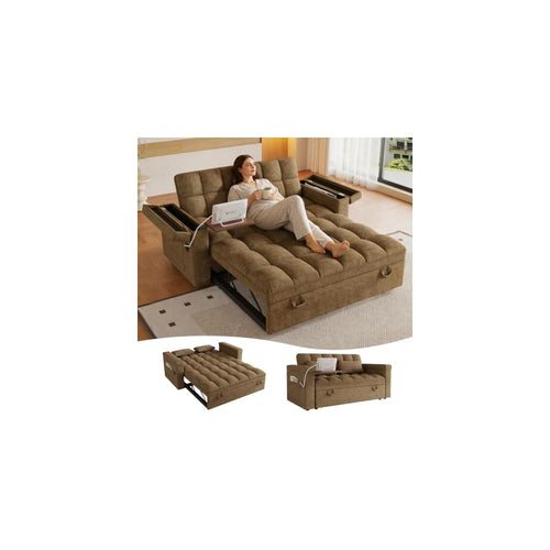 65" Compact 3 in 1 Convertible Sleeper Sofa Bed, Pull Out Couch with Side Table, USB & Type-C Charging Ports, Hidden Storage Armrests, Adjustable Backrest for Living Room/Apartment, Chenille, Khaki