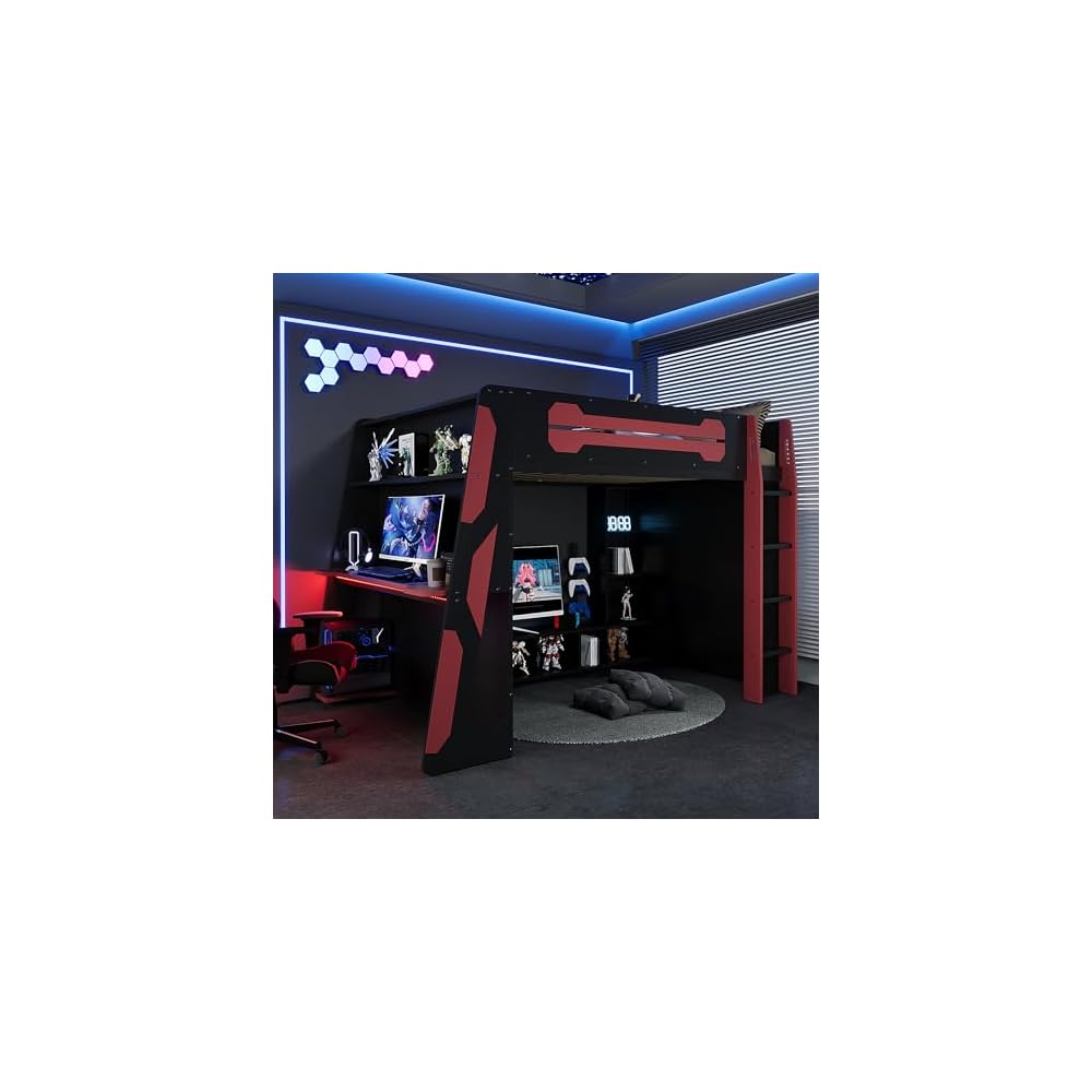 Bellemave Gaming Loft Bed with Desk and Lights, Full Loft Bed with Storage Shelves and Work Station, Wood Loft Bed Frame for Kids, Boys, Girls, Teens, No Spring Box Needed & Dedicated Style, Red