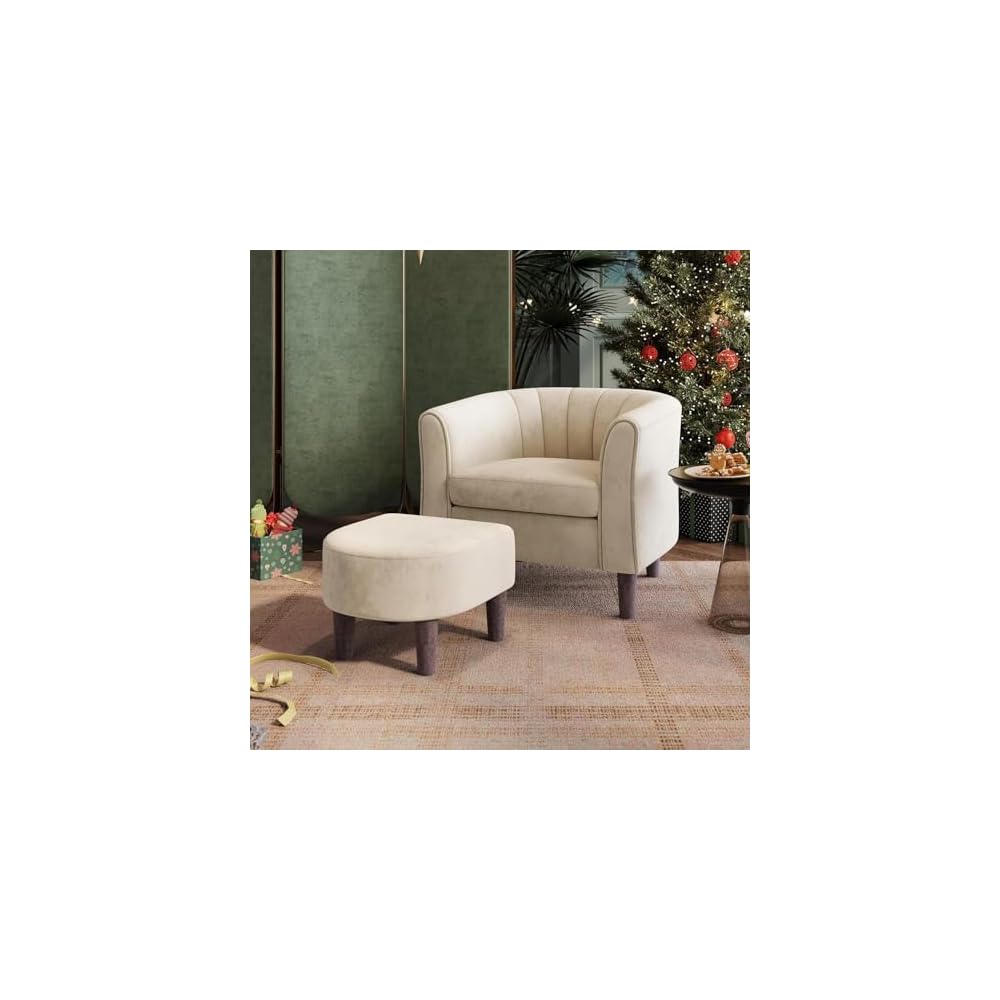 LINSY Accent Chair with Ottoman, Modern Armchair Comfy Barrel Reading Chair with Footrest for Living Room Bedroom Reading Room, Velvet, Cream