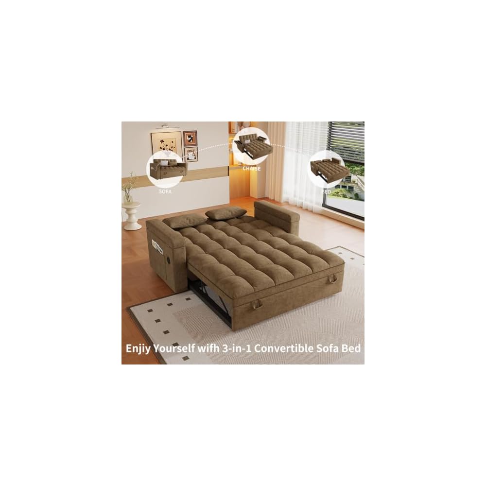 65" Compact 3 in 1 Convertible Sleeper Sofa Bed, Pull Out Couch with Side Table, USB & Type-C Charging Ports, Hidden Storage Armrests, Adjustable Backrest for Living Room/Apartment, Chenille, Khaki