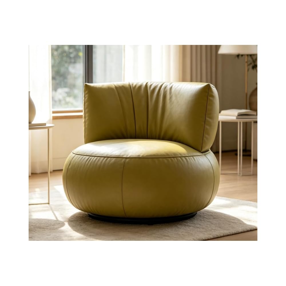 Olive Green Genuine Leather Swivel Accent Chair with Steel Base