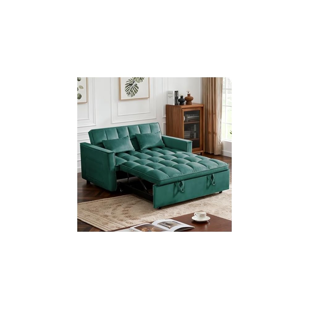 Convertible Sofa Bed, Pull Out Couch with Side Pockets, 3 in 1 Velvet Fabric Loveseat Sleeper Sofa Bed, Pull Out Couch with Adjustable Backrest for Living Room, Bedroom, Apartment, Green