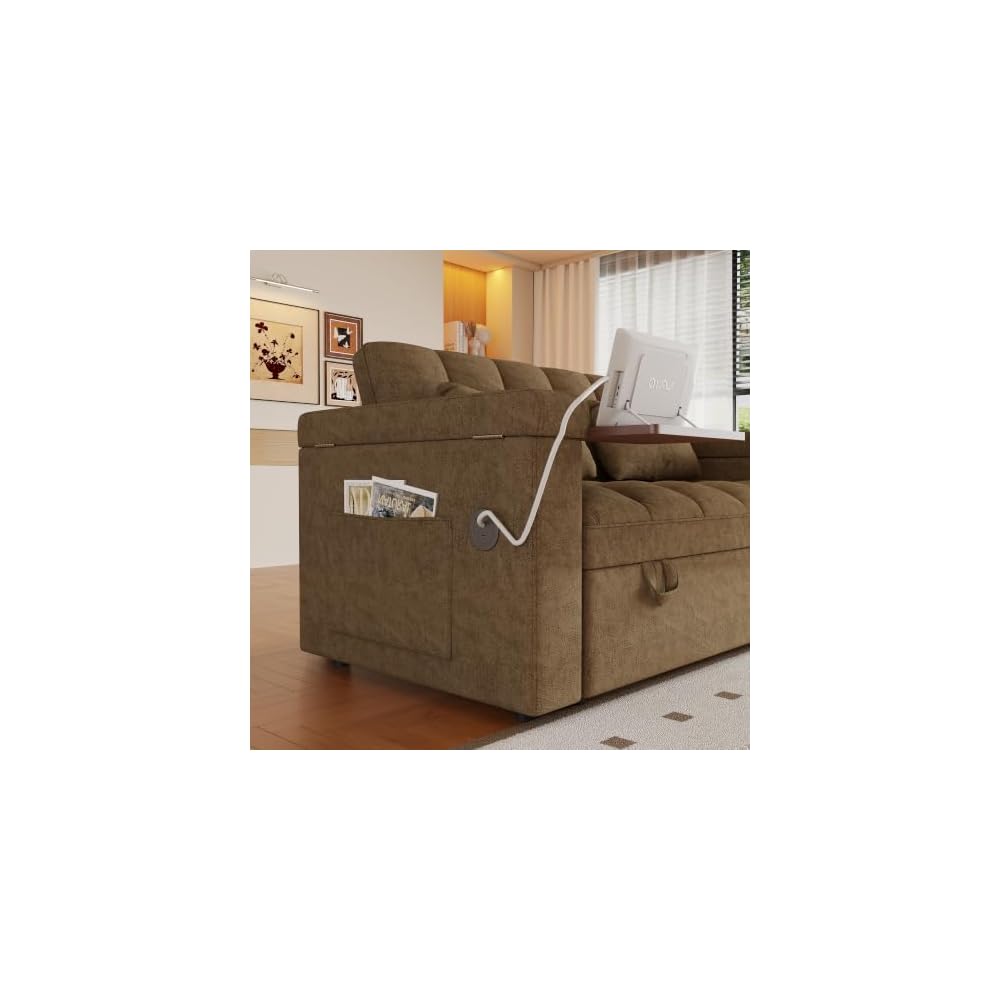 65" Compact 3 in 1 Convertible Sleeper Sofa Bed, Pull Out Couch with Side Table, USB & Type-C Charging Ports, Hidden Storage Armrests, Adjustable Backrest for Living Room/Apartment, Chenille, Khaki