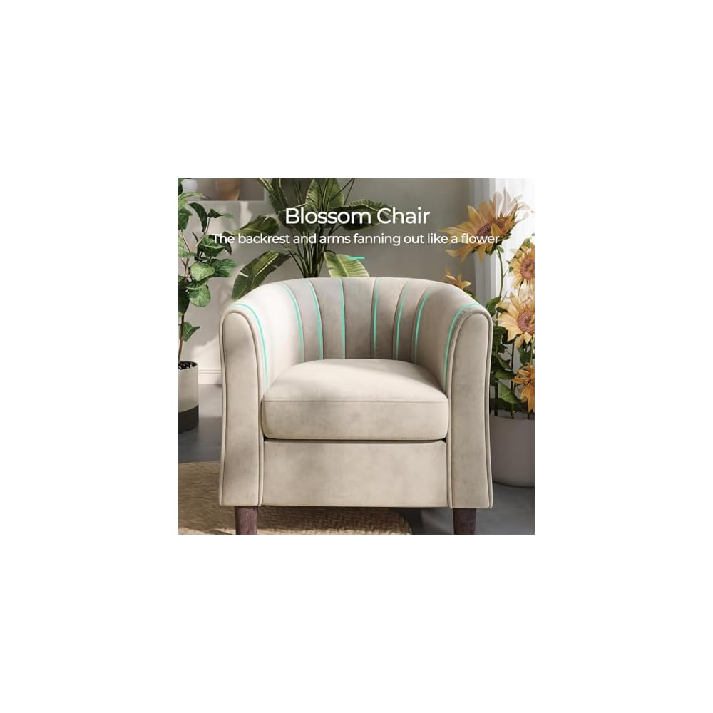 LINSY Accent Chair with Ottoman, Modern Armchair Comfy Barrel Reading Chair with Footrest for Living Room Bedroom Reading Room, Velvet, Cream