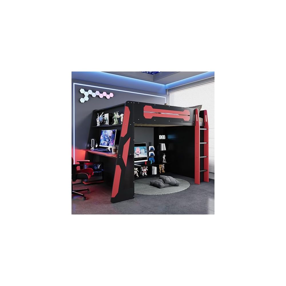 Bellemave Gaming Loft Bed with Desk and Lights, Full Loft Bed with Storage Shelves and Work Station, Wood Loft Bed Frame for Kids, Boys, Girls, Teens, No Spring Box Needed & Dedicated Style, Red