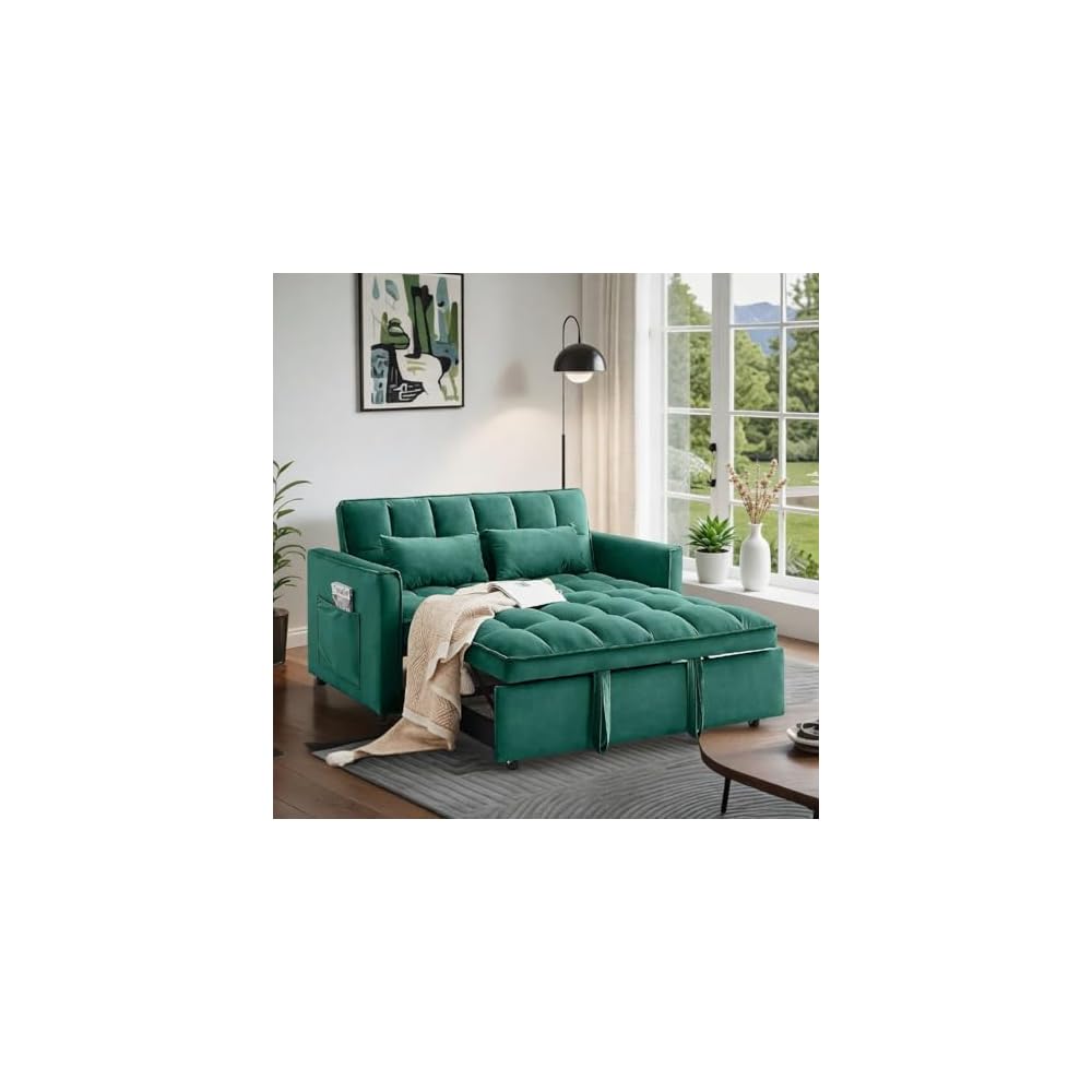 Convertible Sofa Bed, Pull Out Couch with Side Pockets, 3 in 1 Velvet Fabric Loveseat Sleeper Sofa Bed, Pull Out Couch with Adjustable Backrest for Living Room, Bedroom, Apartment, Green