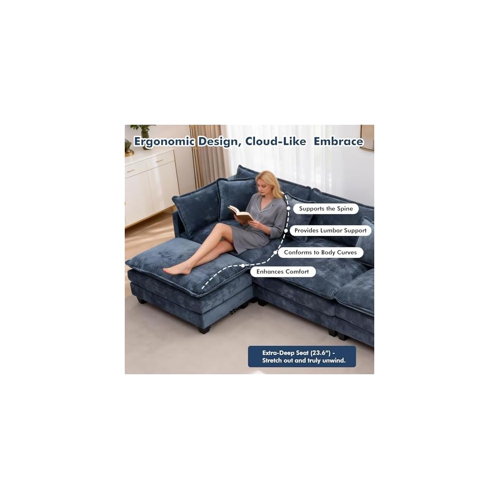 Sectional Couch, Comfy Cloud Modular Sectional Sofa, Deep Seat Modern Cloud Sofa, Modular Sofas for Living Room, Bedroom (Blue, 3-Seats)