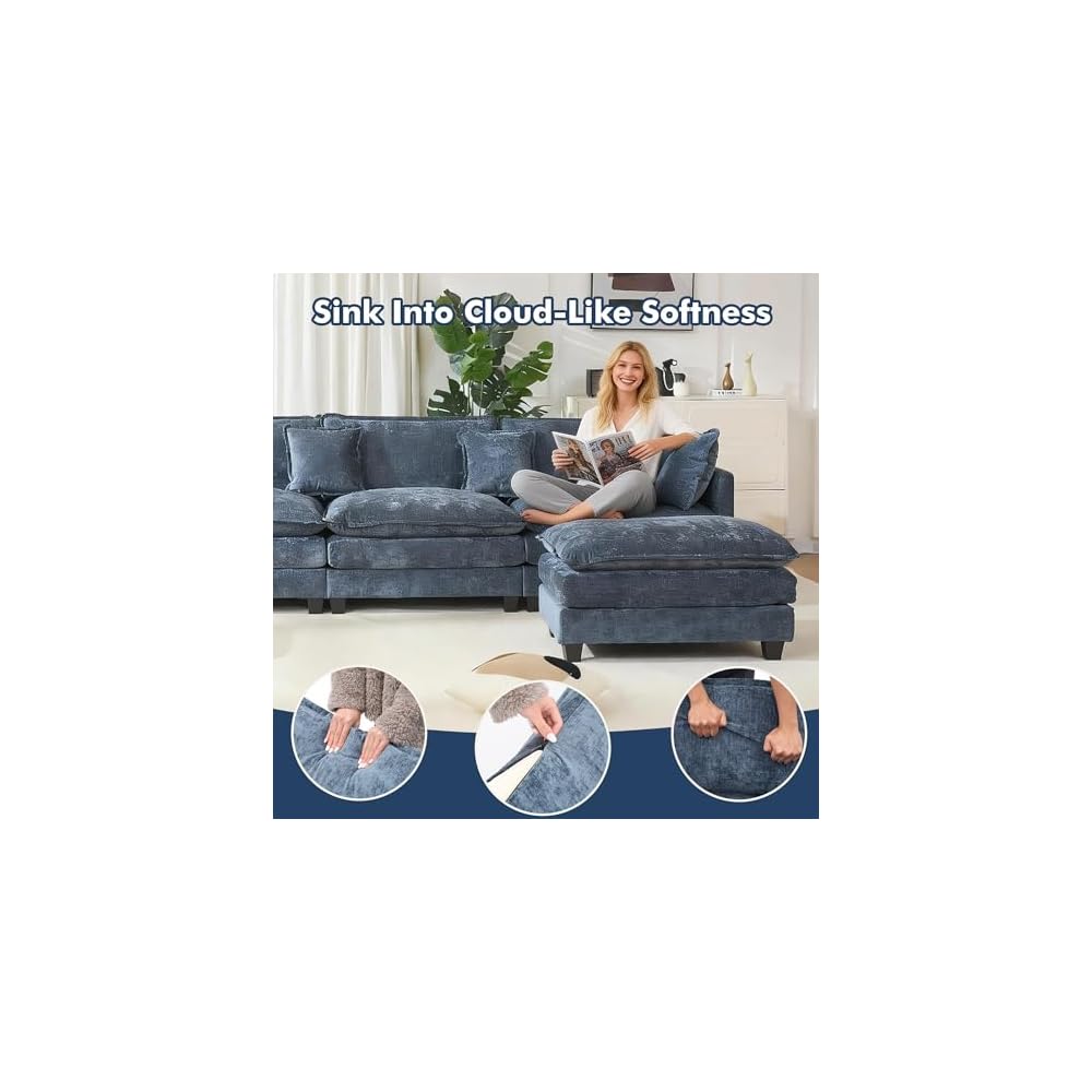 Sectional Couch, Comfy Cloud Modular Sectional Sofa, Deep Seat Modern Cloud Sofa, Modular Sofas for Living Room, Bedroom (Blue, 3-Seats)