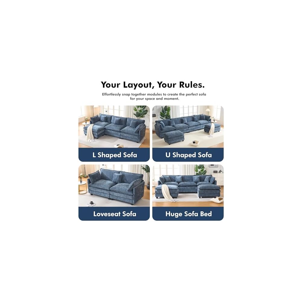 Sectional Couch, Comfy Cloud Modular Sectional Sofa, Deep Seat Modern Cloud Sofa, Modular Sofas for Living Room, Bedroom (Blue, 3-Seats)
