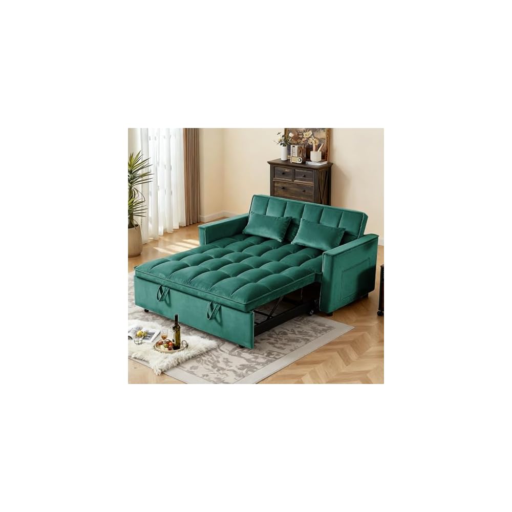 Convertible Sofa Bed, Pull Out Couch with Side Pockets, 3 in 1 Velvet Fabric Loveseat Sleeper Sofa Bed, Pull Out Couch with Adjustable Backrest for Living Room, Bedroom, Apartment, Green