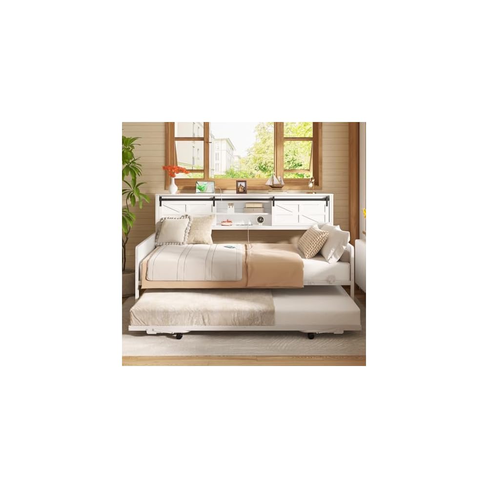Homieasy Farmhouse Twin Daybed with Pop-Up Trundle, White