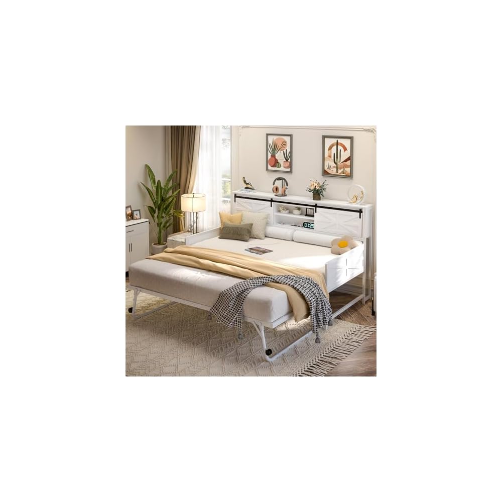 Homieasy Farmhouse Twin Daybed with Pop-Up Trundle, White
