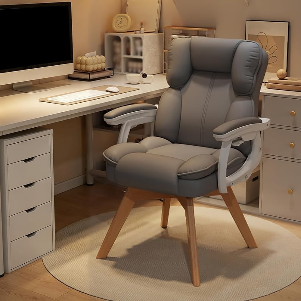 Ergonomic Computer Chair with Padded Armrests, Modern Comfortable Desk Chair Gaming Chair Makeup Chair for Living Room/Bedroom/Office, No Wheels(Gray)
