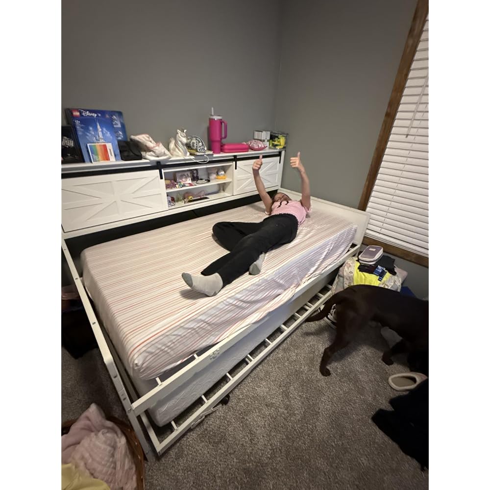 Homieasy Farmhouse Twin Daybed with Pop-Up Trundle, White