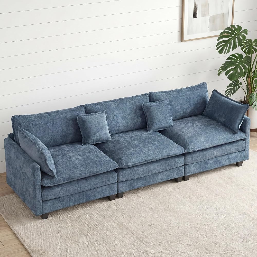 Sectional Couch, Comfy Cloud Modular Sectional Sofa, Deep Seat Modern Cloud Sofa, Modular Sofas for Living Room, Bedroom (Blue, 3-Seats)
