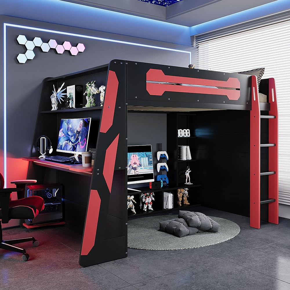 Bellemave Gaming Loft Bed with Desk and Lights, Full Loft Bed with Storage Shelves and Work Station, Wood Loft Bed Frame for Kids, Boys, Girls, Teens, No Spring Box Needed & Dedicated Style, Red