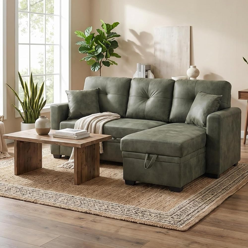 GLANC Faux Leather Sectional Sofa, L Shaped Reversible Storage Chaise Lounge Sectional Couch Bed with Storage Space for Corner Living Room Apartment Studio Home Office Modular Convertible Design