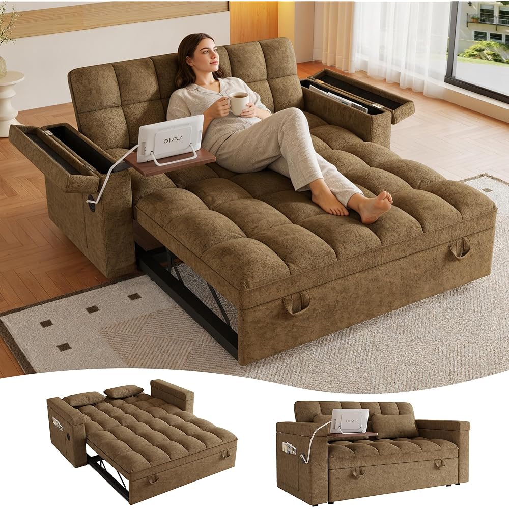 65" Compact 3 in 1 Convertible Sleeper Sofa Bed, Pull Out Couch with Side Table, USB & Type-C Charging Ports, Hidden Storage Armrests, Adjustable Backrest for Living Room/Apartment, Chenille, Khaki
